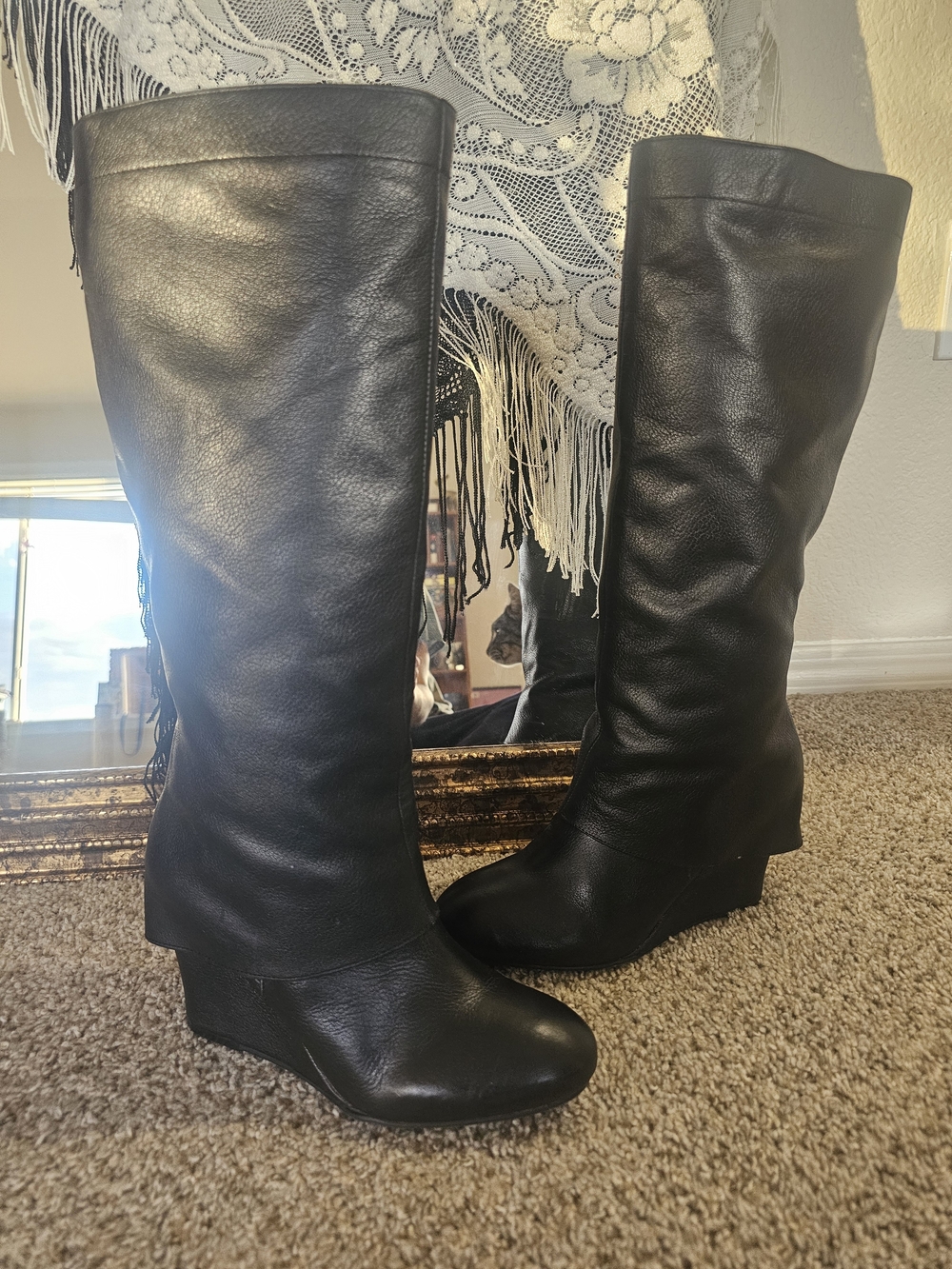 Steve Madden Black Leather Boot Cut Wedge Boots - Picture 2 of 10